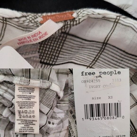 Free People Top Tunic Tiered Ruffle Lace Puff Sleeve Oversized Plaid Gray Sz XS - Picture 4 of 15